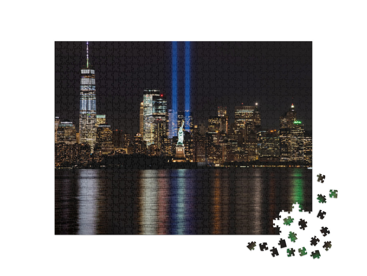 9/11 Memorial Lights with Statue of Liberty Shot from New... Jigsaw Puzzle with 1000 pieces