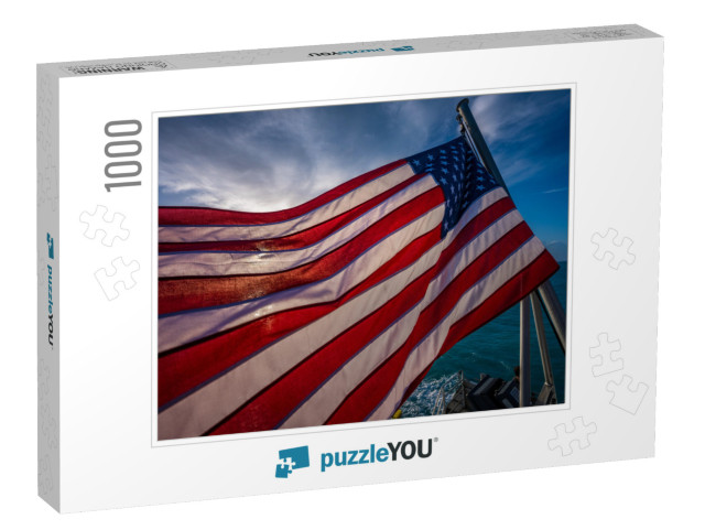 American Flag Backlit with Early Morning Sun on Boat in F... Jigsaw Puzzle with 1000 pieces