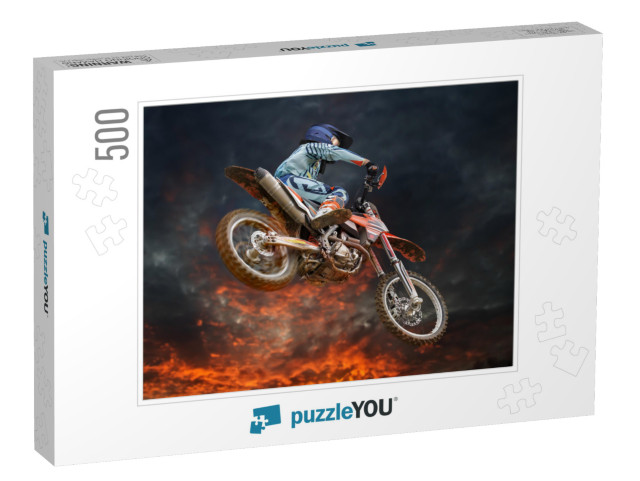 Jumping Motocross Rider with Firestorm in the Background... Jigsaw Puzzle with 500 pieces