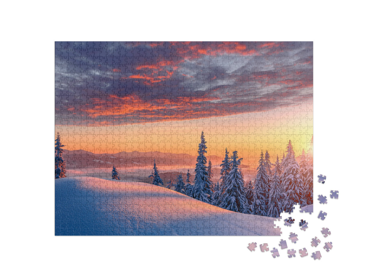 Fantastic Winter Landscape During Sunset. Colorful Sky Gl... Jigsaw Puzzle with 1000 pieces