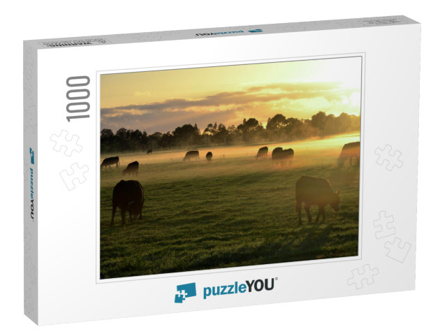 Rural Landscape with Herd of Cows in Morning Fog At Sunri... Jigsaw Puzzle with 1000 pieces