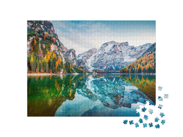 First Snow on Braies Lake. Colorful Autumn Landscape in I... Jigsaw Puzzle with 1000 pieces