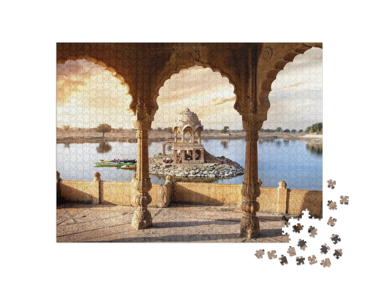 Arches & Temple in Gadi Sagar Lake At Sunset Sky in Jaisa... Jigsaw Puzzle with 1000 pieces