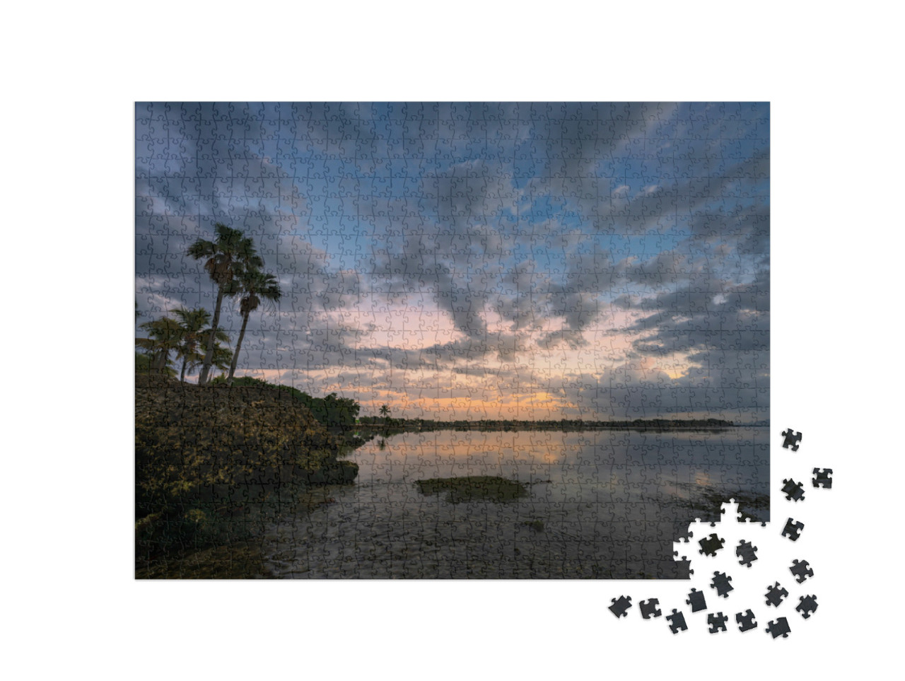 Dramatic Ocean Scene with Rock Island & Palm Trees At Sun... Jigsaw Puzzle with 1000 pieces