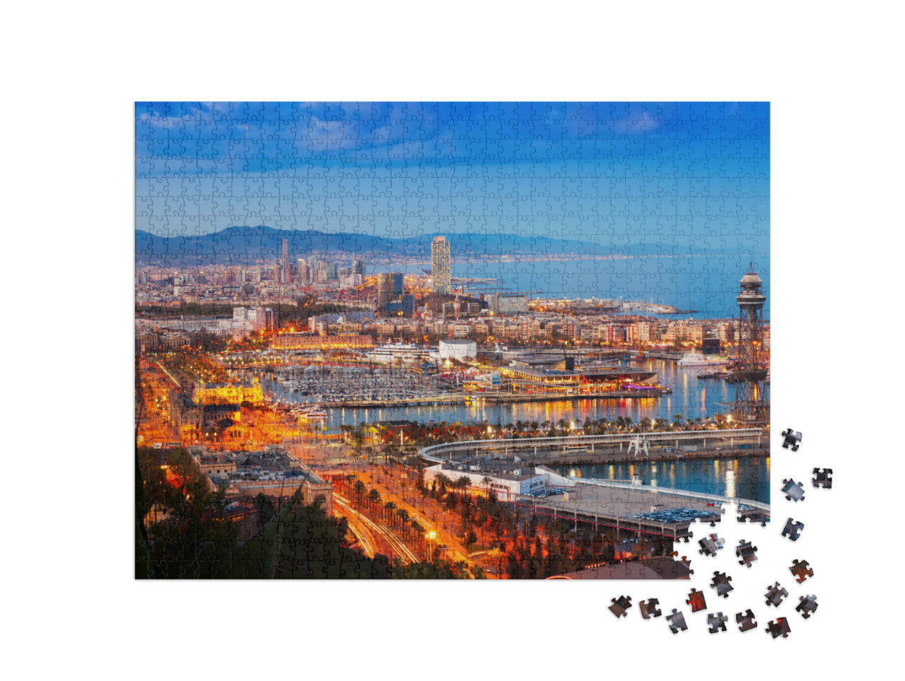 Panorama of Barcelona with Port in Night Time. Catalonia... Jigsaw Puzzle with 1000 pieces