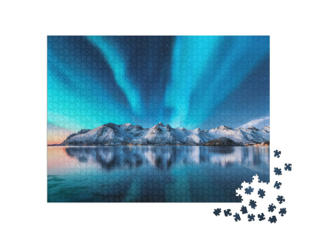 Northern Lights & Snow Covered Mountains in Lofoten Islan... Jigsaw Puzzle with 1000 pieces