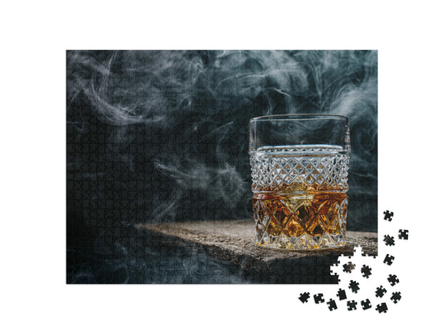 Glass of Whiskey with Ice on a Wooden Table Surrounded by... Jigsaw Puzzle with 1000 pieces