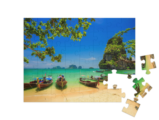 Traditional Longtail Boat At Sunset on Tropical Island, T... Jigsaw Puzzle with 48 pieces