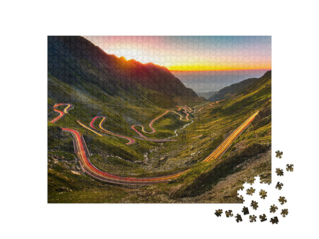 Traffic Trails on Transfagarasan Pass At Sunset. Crossing... Jigsaw Puzzle with 1000 pieces