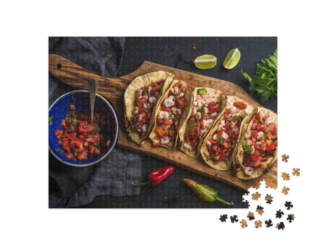 Shrimp Tacos with Homemade Salsa, Limes & Parsley on Wood... Jigsaw Puzzle with 1000 pieces