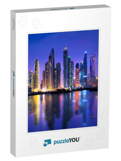 Dubai Marina Skyline At Night with Water Reflections, Uni... Jigsaw Puzzle