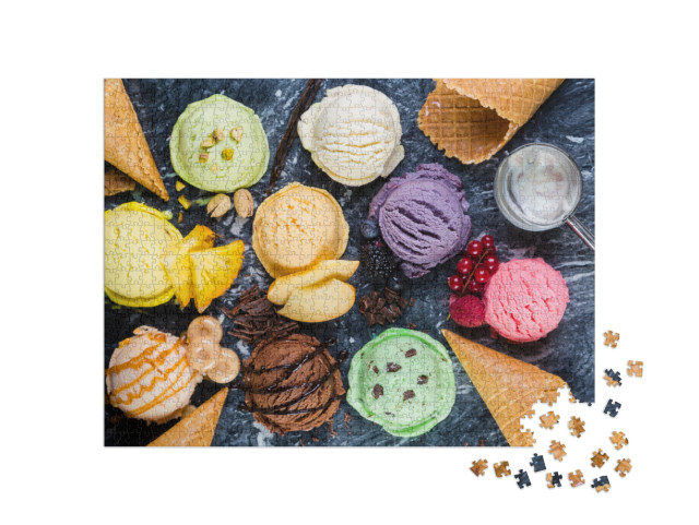 Selection of Colorful Ice Cream Scoops on Marble Backgrou... Jigsaw Puzzle with 1000 pieces