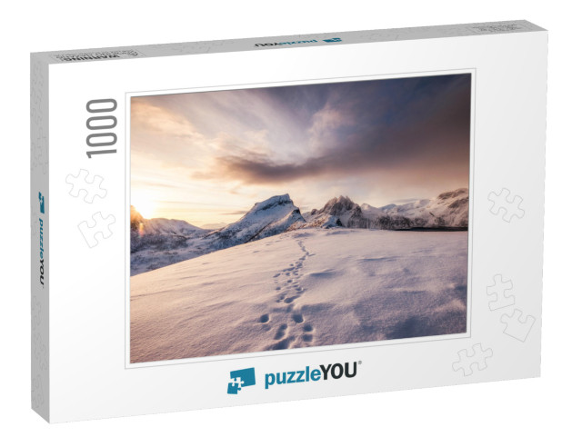 Landscape of Snow Mountains Range with Footprint on Snowy... Jigsaw Puzzle with 1000 pieces