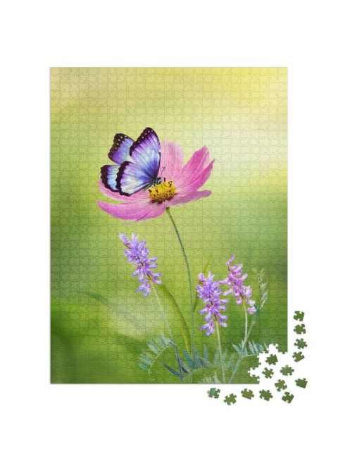 Beautiful Pink Flower Cosmos Bipinnatus & Butterfly on Na... Jigsaw Puzzle with 1000 pieces