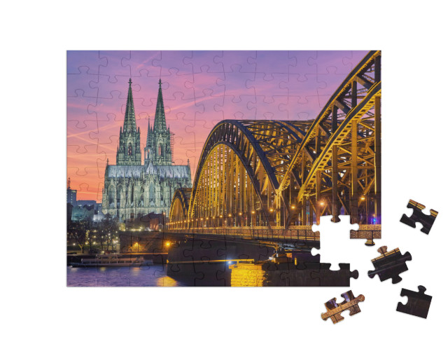 Cologne Cathedral & Hohenzollern Bridge At Sunset / Night... Jigsaw Puzzle with 100 pieces