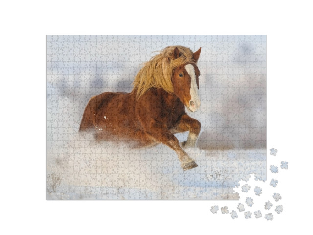 Red Horse with Long Blond Mane Run Gallop in Winter Snow... Jigsaw Puzzle with 1000 pieces