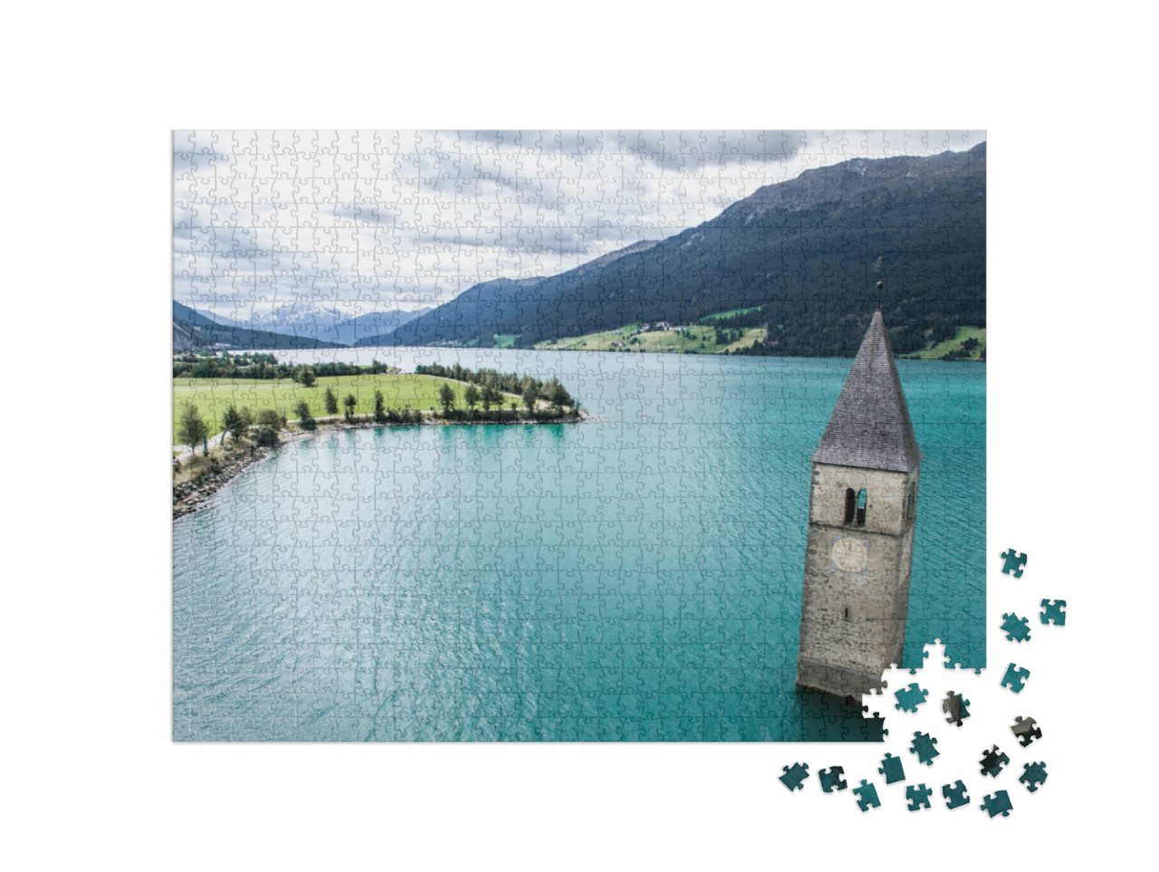 Beautiful Landscape with the Clock Tower in Reschensee. L... Jigsaw Puzzle with 1000 pieces