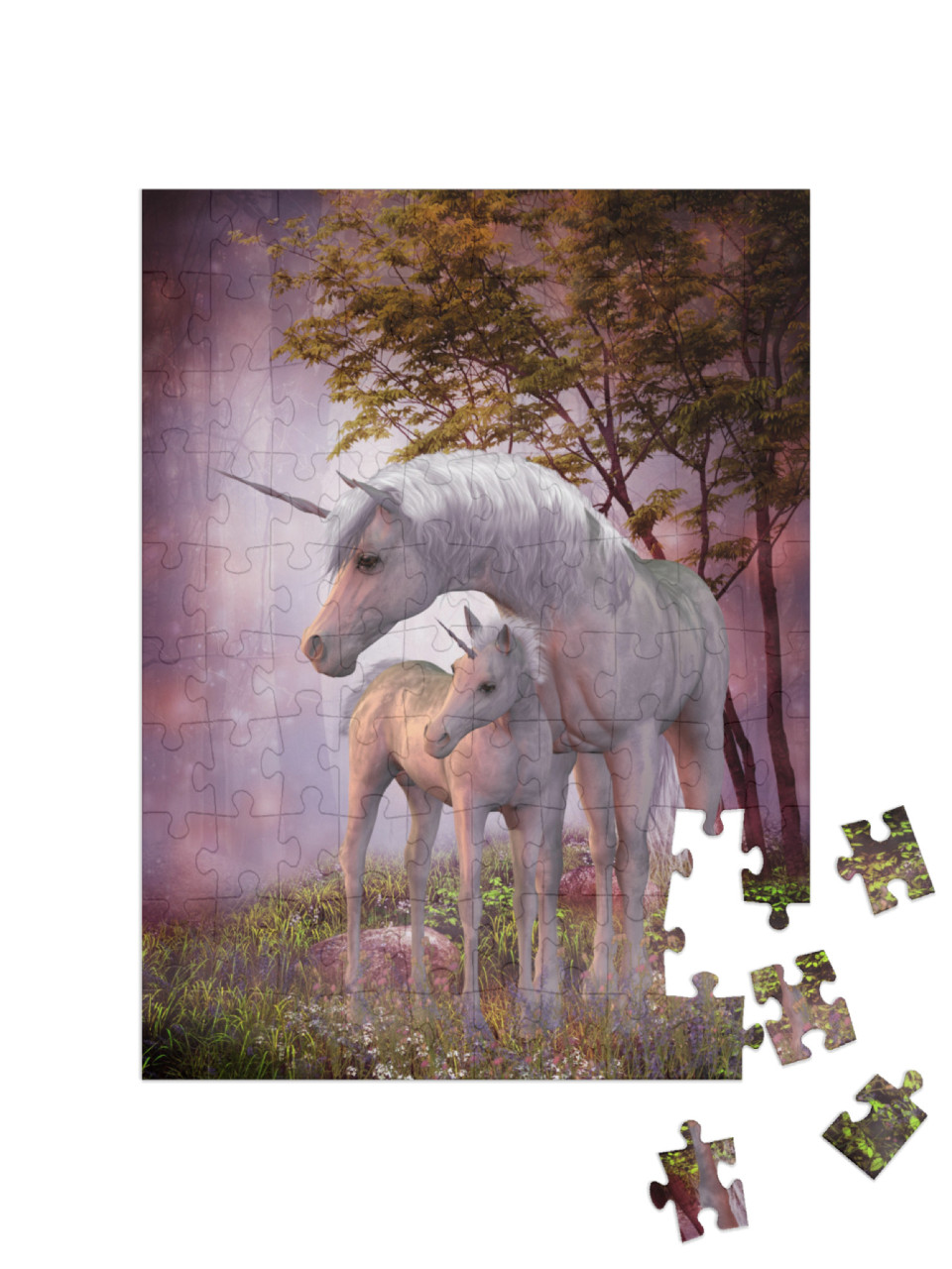 Unicorns Mare & Foal - a White Unicorn Doe & Fawn Spend T... Jigsaw Puzzle with 100 pieces