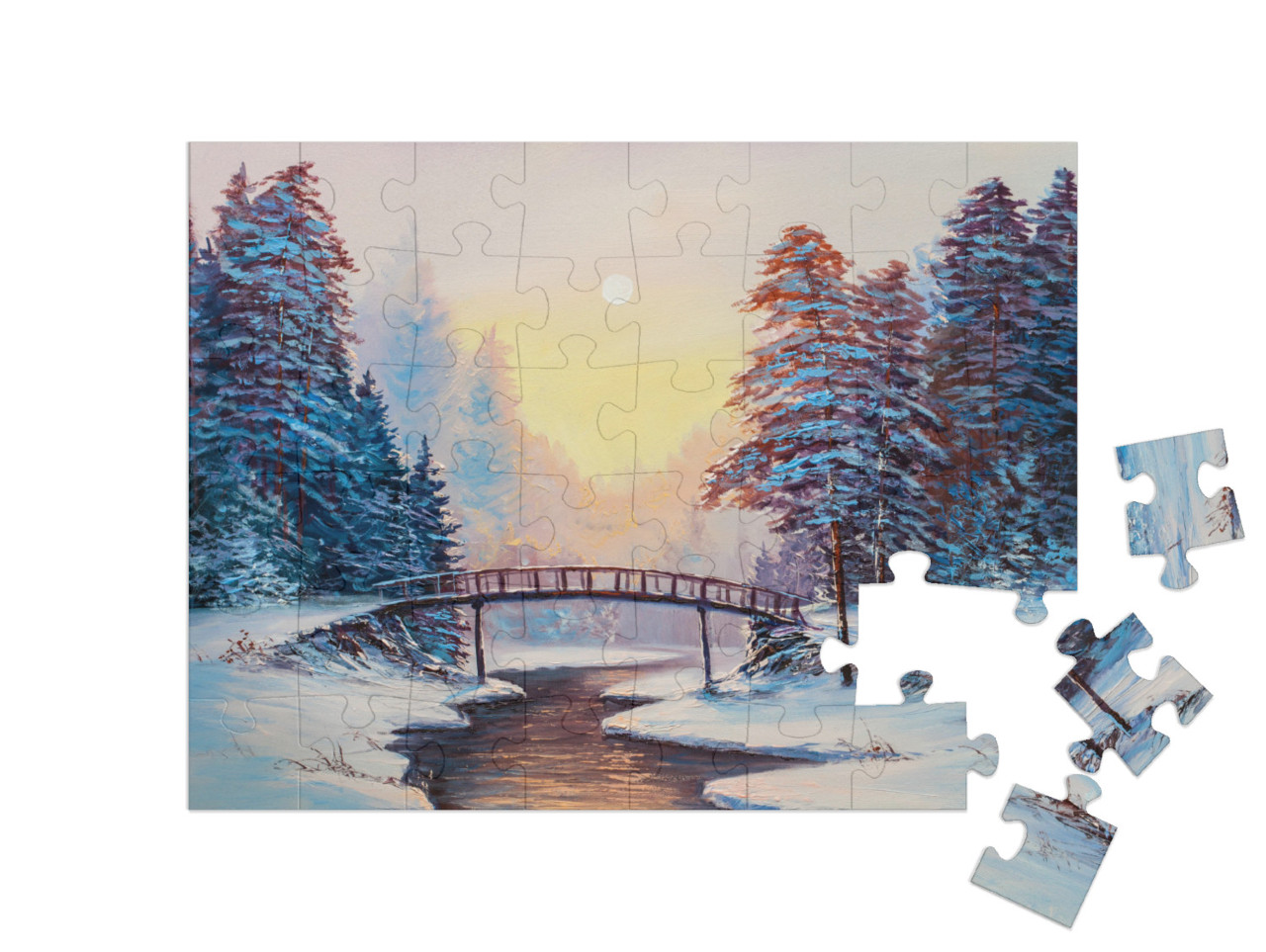 Winter Landscape with the River. Original Oil Painting... Jigsaw Puzzle with 48 pieces