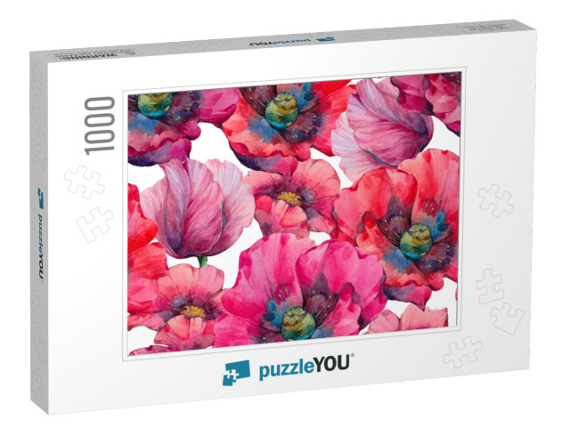 Watercolor Poppies, Seamless Botanical Pattern for Design... Jigsaw Puzzle with 1000 pieces