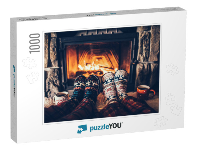 Feet in Woolen Socks by the Christmas Fireplace. Couple S... Jigsaw Puzzle with 1000 pieces