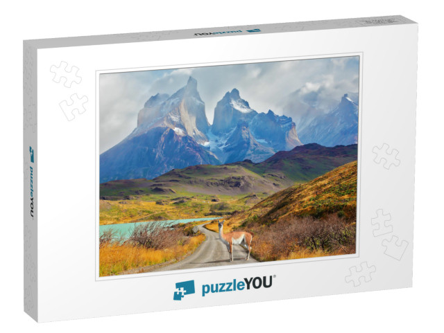 Majestic Peaks of Los Kuernos Over Lake Pehoe. on a Dirt... Jigsaw Puzzle