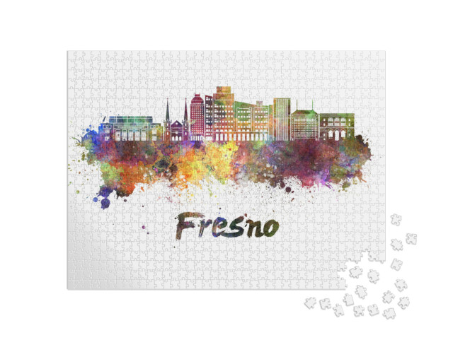 Fresno Skyline in Watercolor Splatters with Clipping Path... Jigsaw Puzzle with 1000 pieces