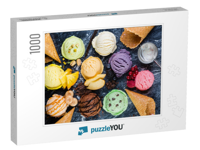 Selection of Colorful Ice Cream Scoops on Marble Backgrou... Jigsaw Puzzle with 1000 pieces