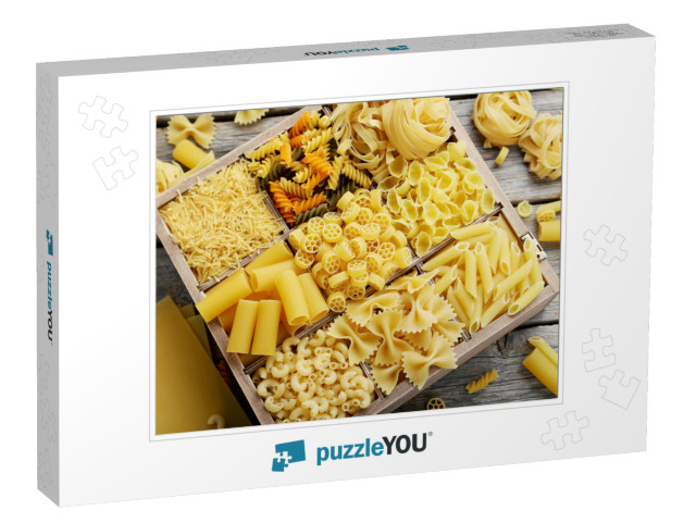 Different Kinds of Pasta on Grey Wooden Table... Jigsaw Puzzle