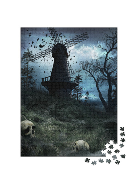 Gothic Scenery with Huge Windmill, Birds & Skulls. 3D Ill... Jigsaw Puzzle with 1000 pieces