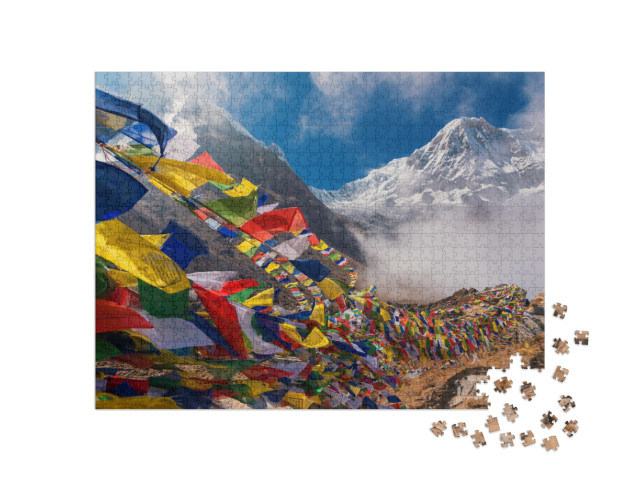 Prayer Flags & Mt. Annapurna I Background from Annapurna... Jigsaw Puzzle with 1000 pieces