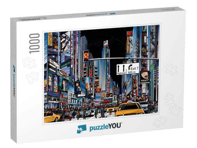 Vector Illustration of a Street in New York City At Night... Jigsaw Puzzle with 1000 pieces