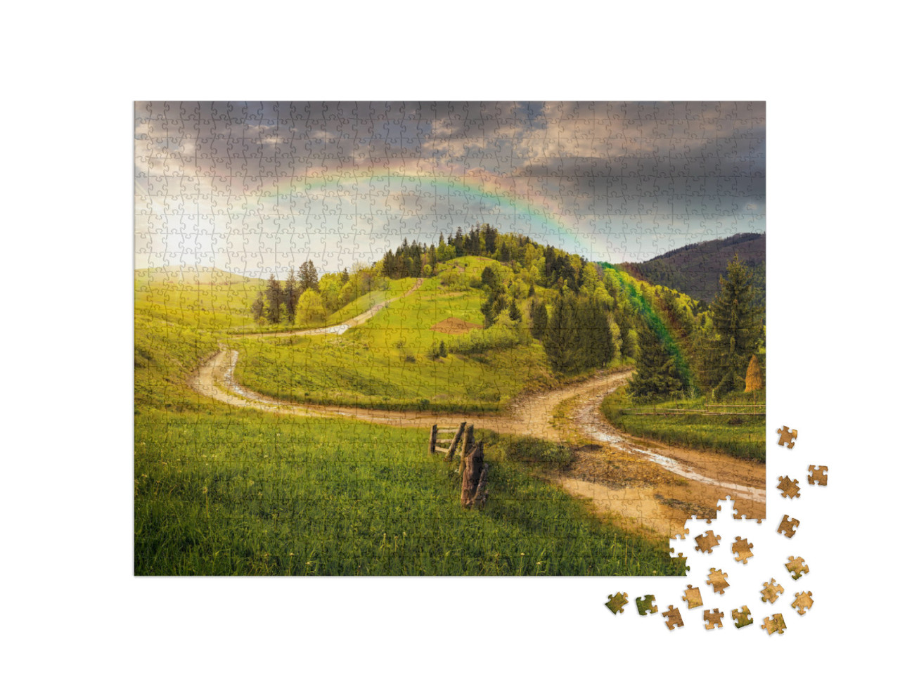 Composite Autumn Landscape. Fence Near the Cross Road on... Jigsaw Puzzle with 1000 pieces