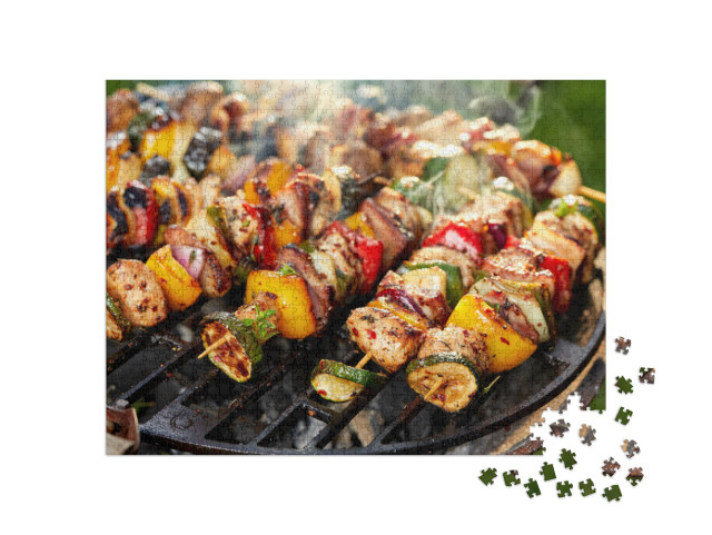 Grilled skewers of vegetables and meat on the gril Jigsaw Puzzle with 1000 pieces