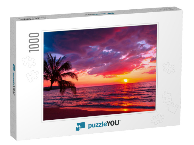 Beautiful Sunset Tropical Beach with Palm Tree & Pink Sky... Jigsaw Puzzle with 1000 pieces