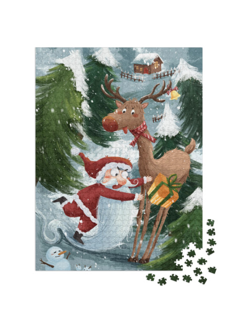 Funny Christmas Illustration Including Santa Claus & Reindeer... Jigsaw Puzzle with 1000 pieces