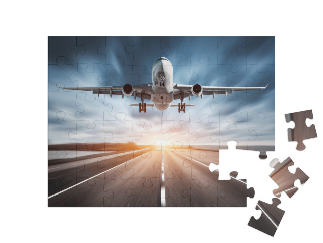 Airplane & Road with Motion Blur Effect At Sunset. Landsc... Jigsaw Puzzle with 48 pieces