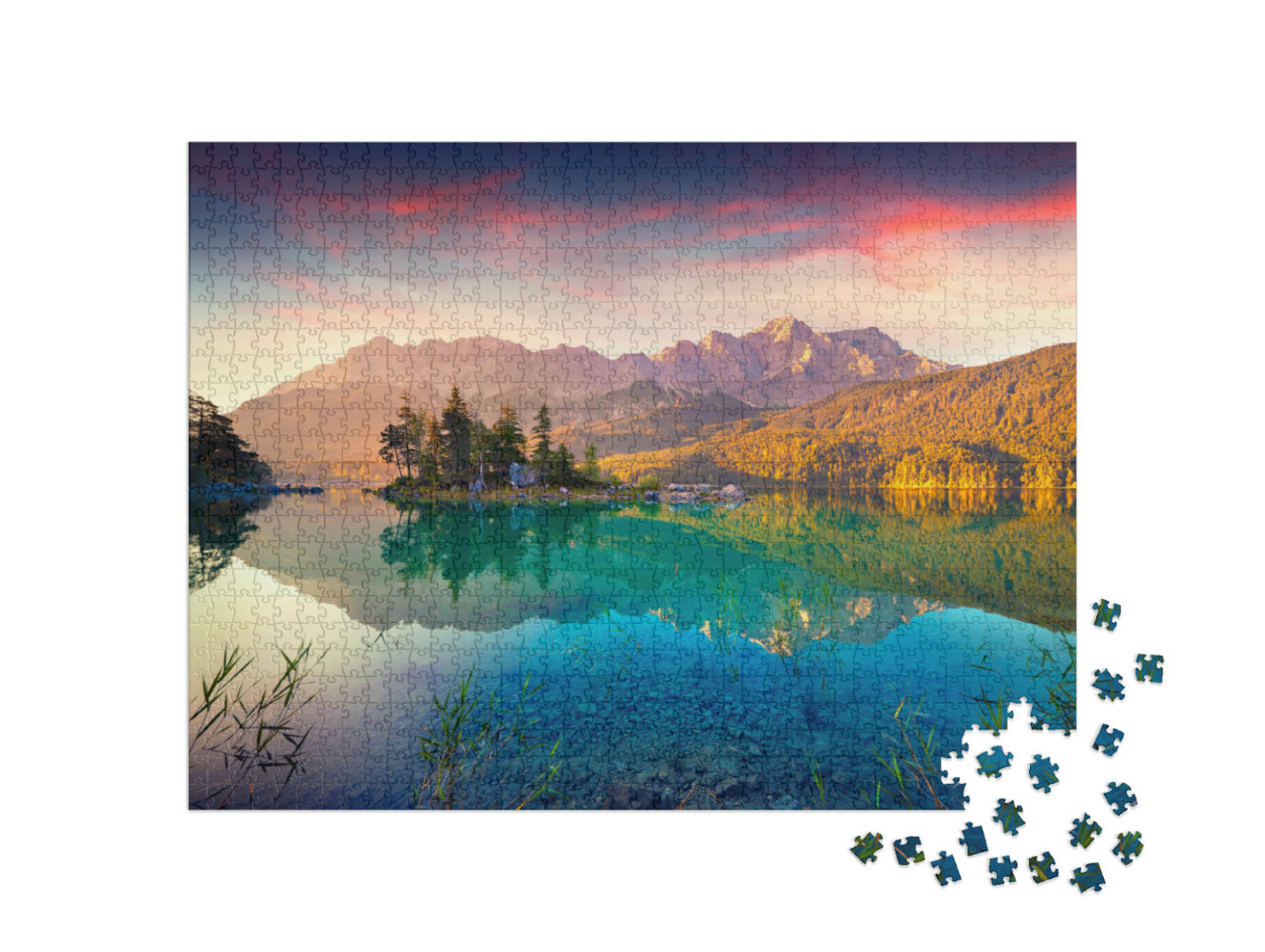 Colorful Summer Sunrise on the Eibsee Lake in German Alps... Jigsaw Puzzle with 1000 pieces