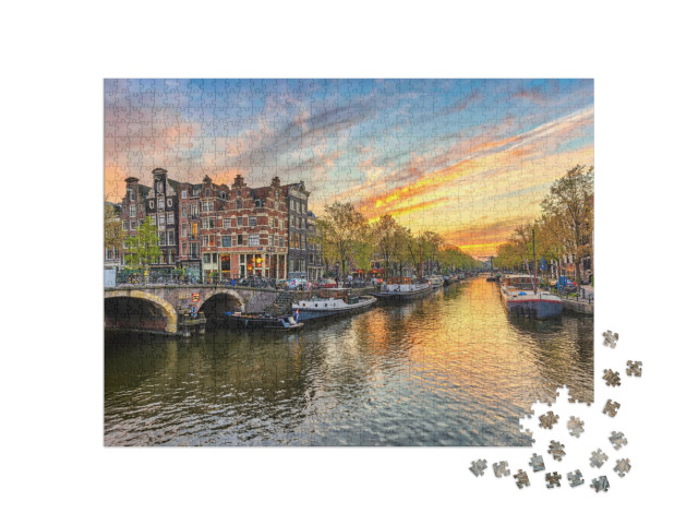 Amsterdam Sunset City Skyline At Canal Waterfront, Amster... Jigsaw Puzzle with 1000 pieces