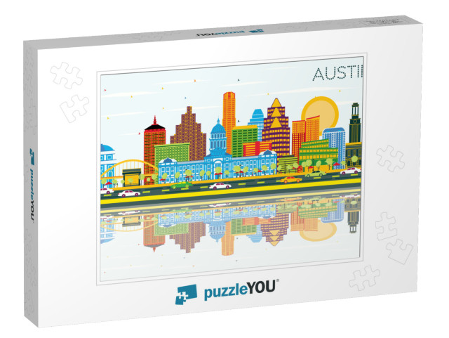 Austin Texas Skyline with Color Buildings, Blue Sky & Ref... Jigsaw Puzzle