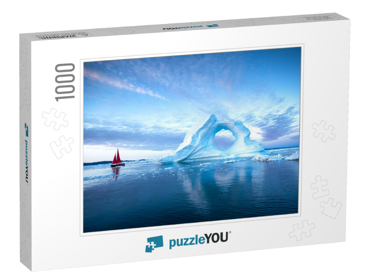 Sail Boat with Red Sails Cruising Among Massive Ice Bergs... Jigsaw Puzzle with 1000 pieces