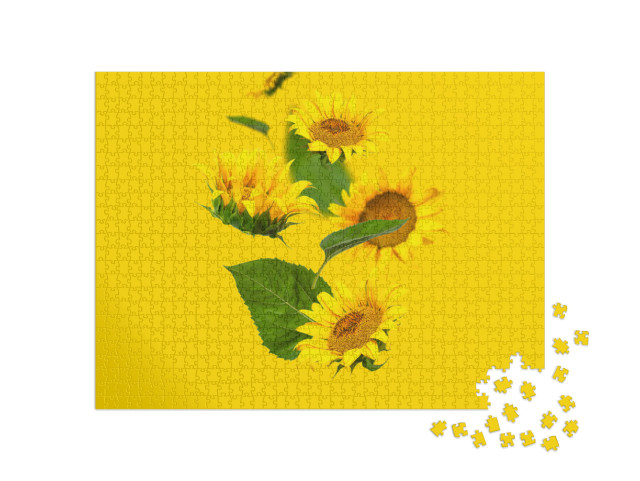 Flying Yellow Sunflowers, Green Leaves on Yellow Backgrou... Jigsaw Puzzle with 1000 pieces