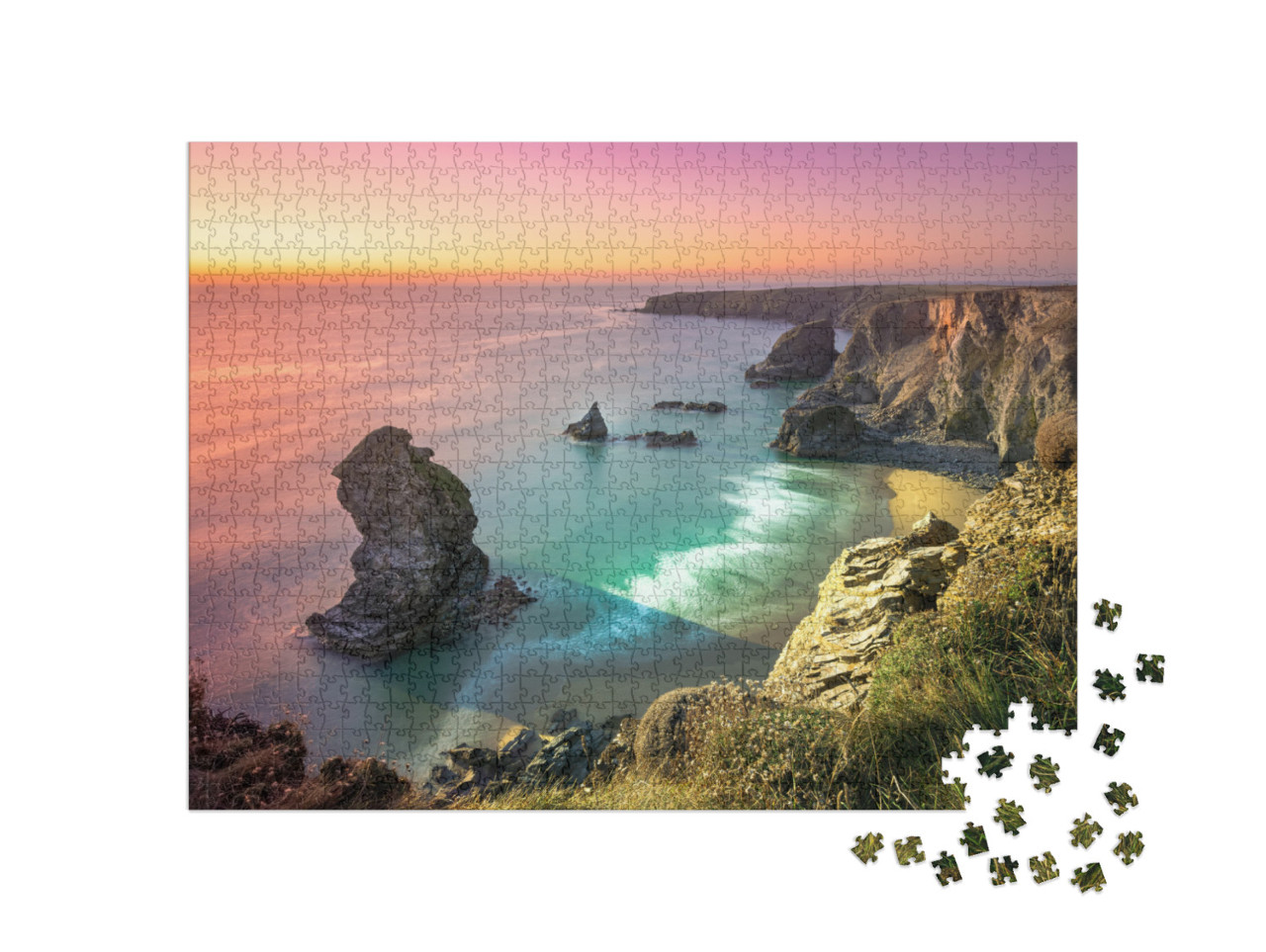 Sunset At Bedruthan Steps. Carnewas & Bedruthan Steps is... Jigsaw Puzzle with 1000 pieces