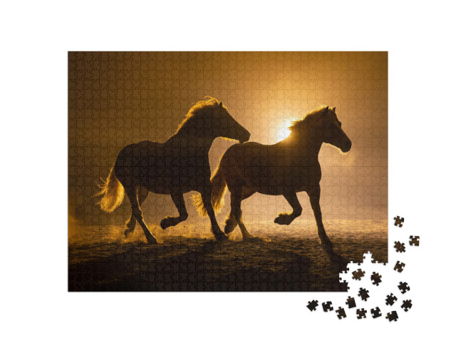 Silhouette of Two Galloping Haflinger Horses in a Orange... Jigsaw Puzzle with 1000 pieces