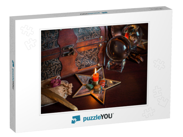 A Fortune Teller, Witch Stuff on a Table, Candles & Fortu... Jigsaw Puzzle