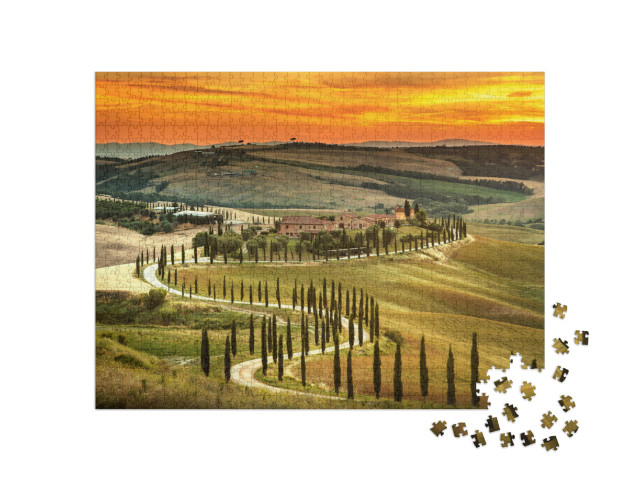 Tuscany, Rural Sunset Landscape. Countryside Farm, Cypres... Jigsaw Puzzle with 1000 pieces