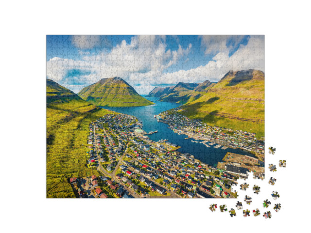 View from Flying Drone. Sunny Summer Cityscape of Klaksvi... Jigsaw Puzzle with 1000 pieces