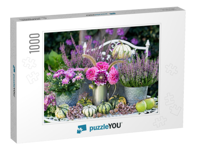 Garden Decoration with Bouquet of Pink Dahlias, Autumn Fl... Jigsaw Puzzle with 1000 pieces