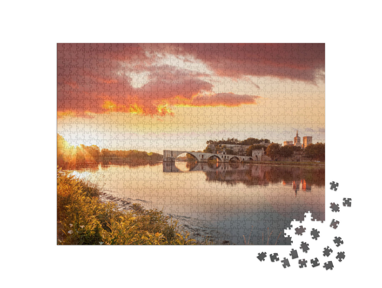 Avignon Old Bridge Against Colorful Sunset in Provence, F... Jigsaw Puzzle with 1000 pieces