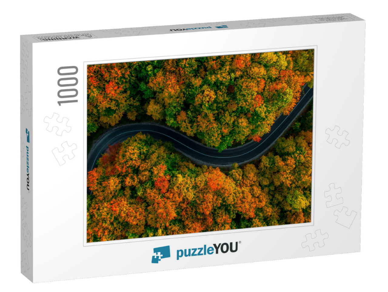 Aerial View of Thick Forest in Autumn with Road Cutting T... Jigsaw Puzzle with 1000 pieces